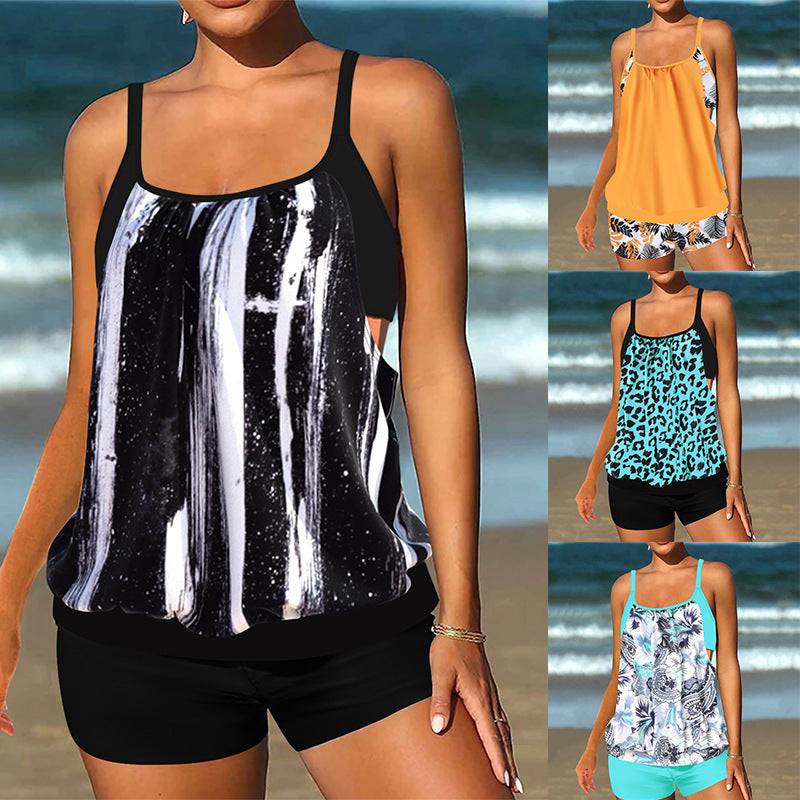 Damen Tankini-Set mit modischem Leopardenmuster und fließendem Oberteil R&B