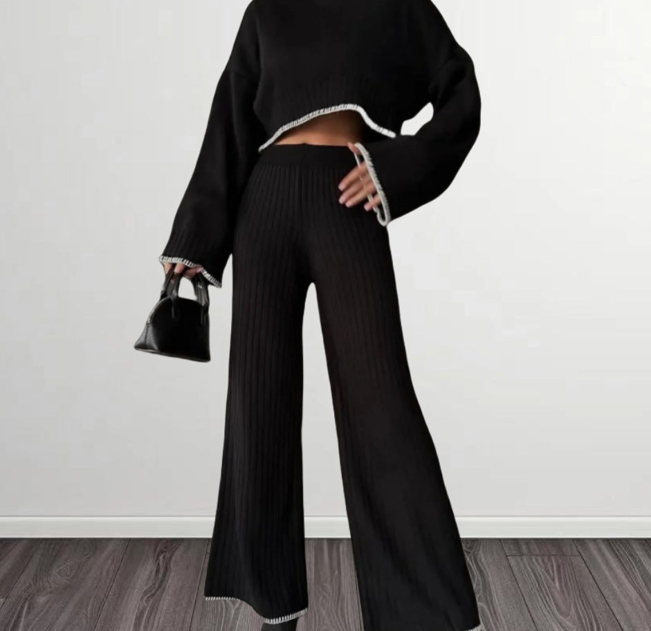 Damen elegantes Strickanzug mit weitem Bein und romantischen Ärmeln R&B