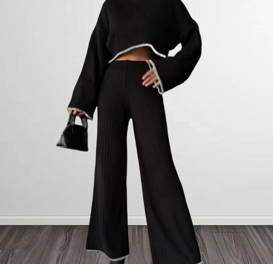 Damen elegantes Strickanzug mit weitem Bein und romantischen Ärmeln R&B