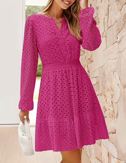 Damen luftiges Blusenkleid mit dekorativem Lochmuster und kräftigen Ärmel R&B