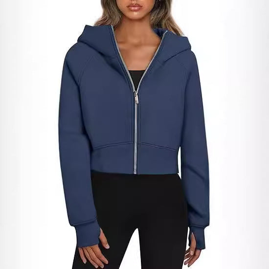 Damen kuscheliger cropped Kapuzenpullover mit Reißverschluss R&B