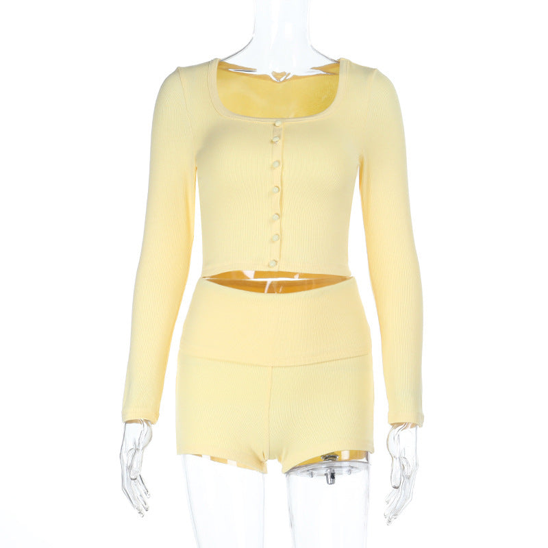 Damen Crop-Top und Shorts Set mit Knopfleiste und figurbetontem Design R&B