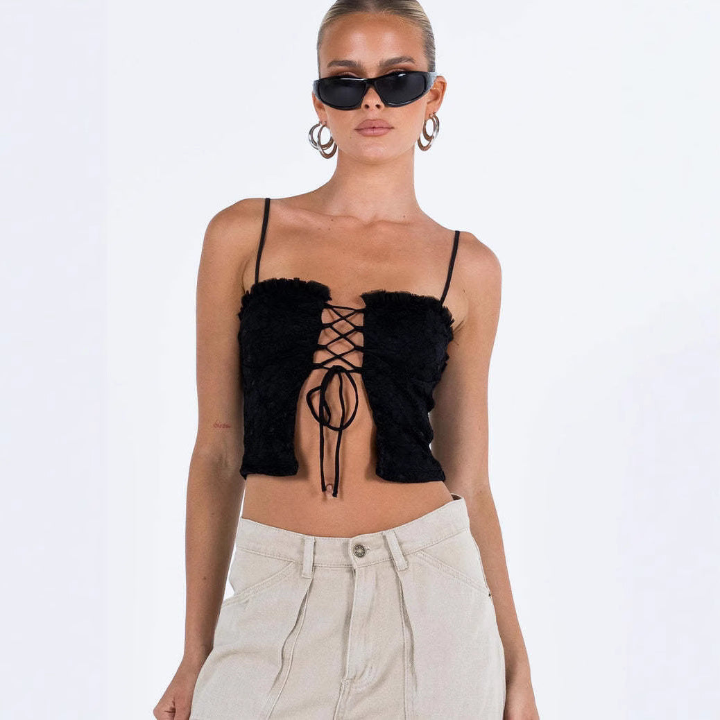 Damen Spitzen-Top mit Schnürung und Rüschendetail R&B