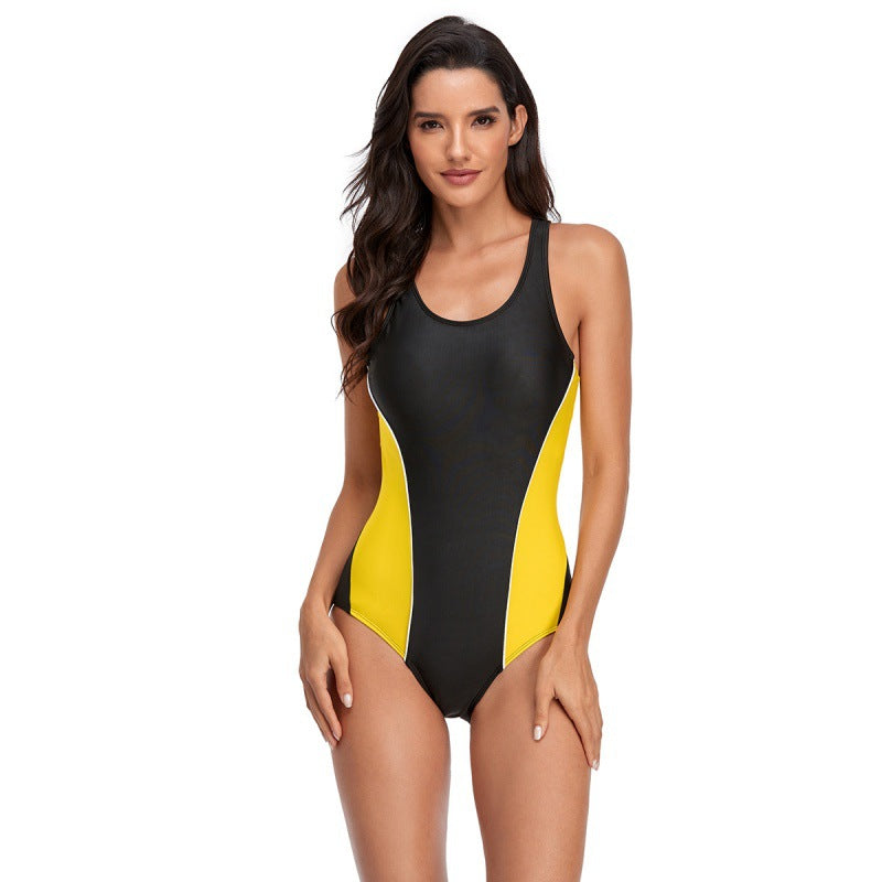 Damen Einteiler Badeanzug mit sportlichem Farbkontrast und hohem Beinausschnitt R&B
