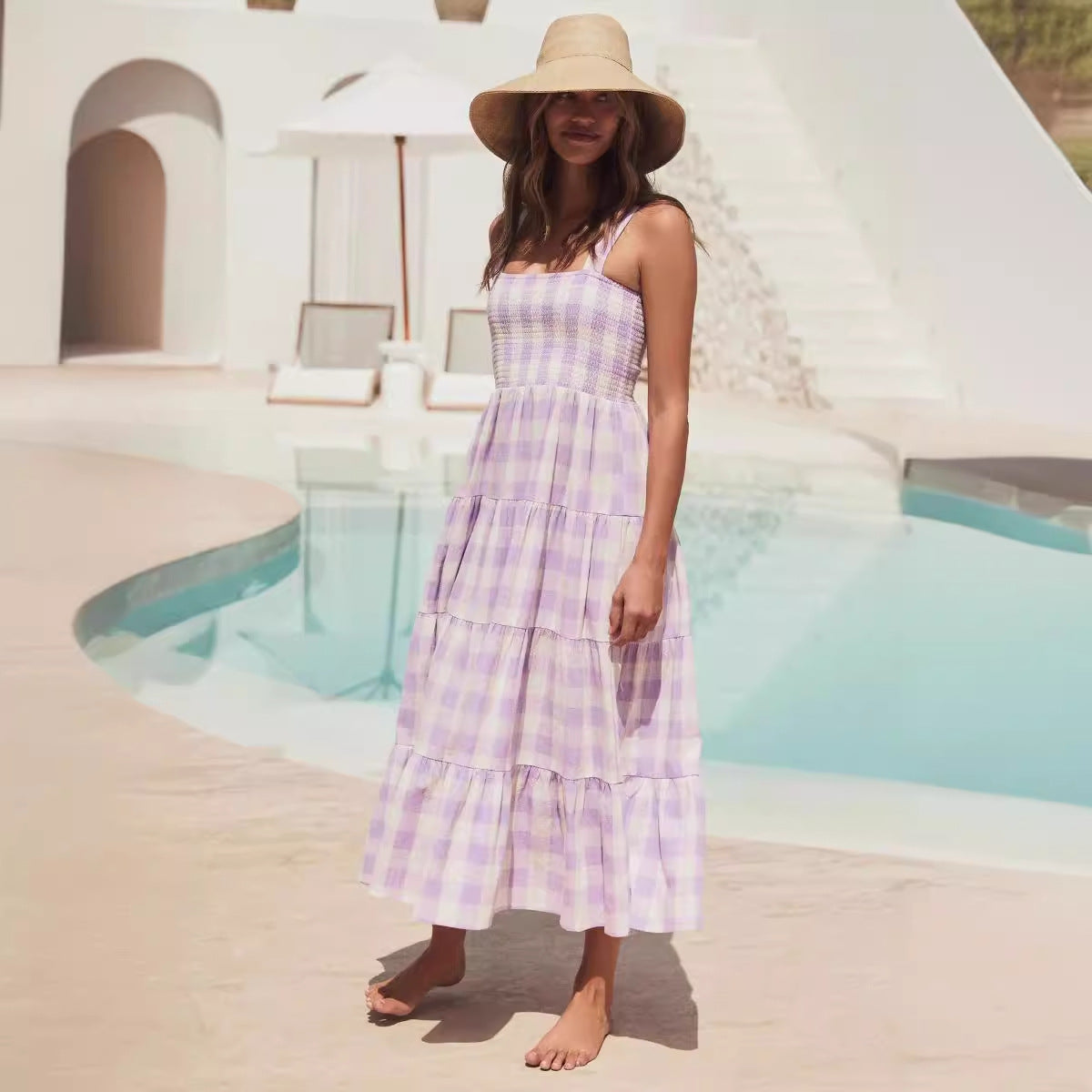Damen Maxikleid mit kariertem Design und eleganter, fließender Schnittführung R&B