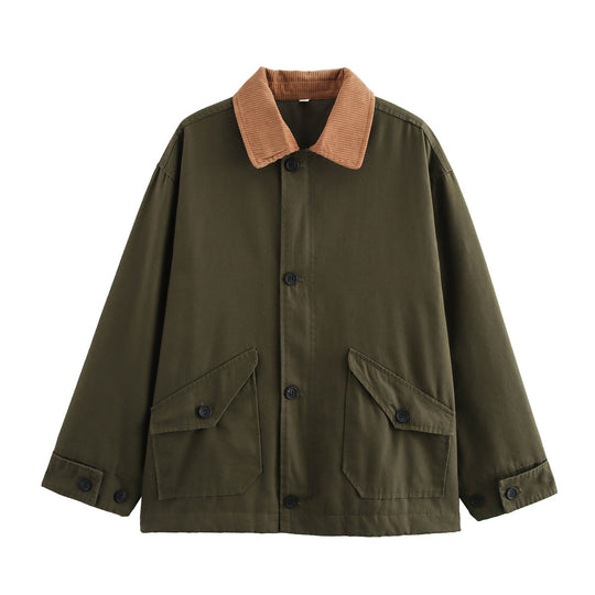 Damen lässige Utility-Jacke mit Cordkragen und großen Taschen R&B