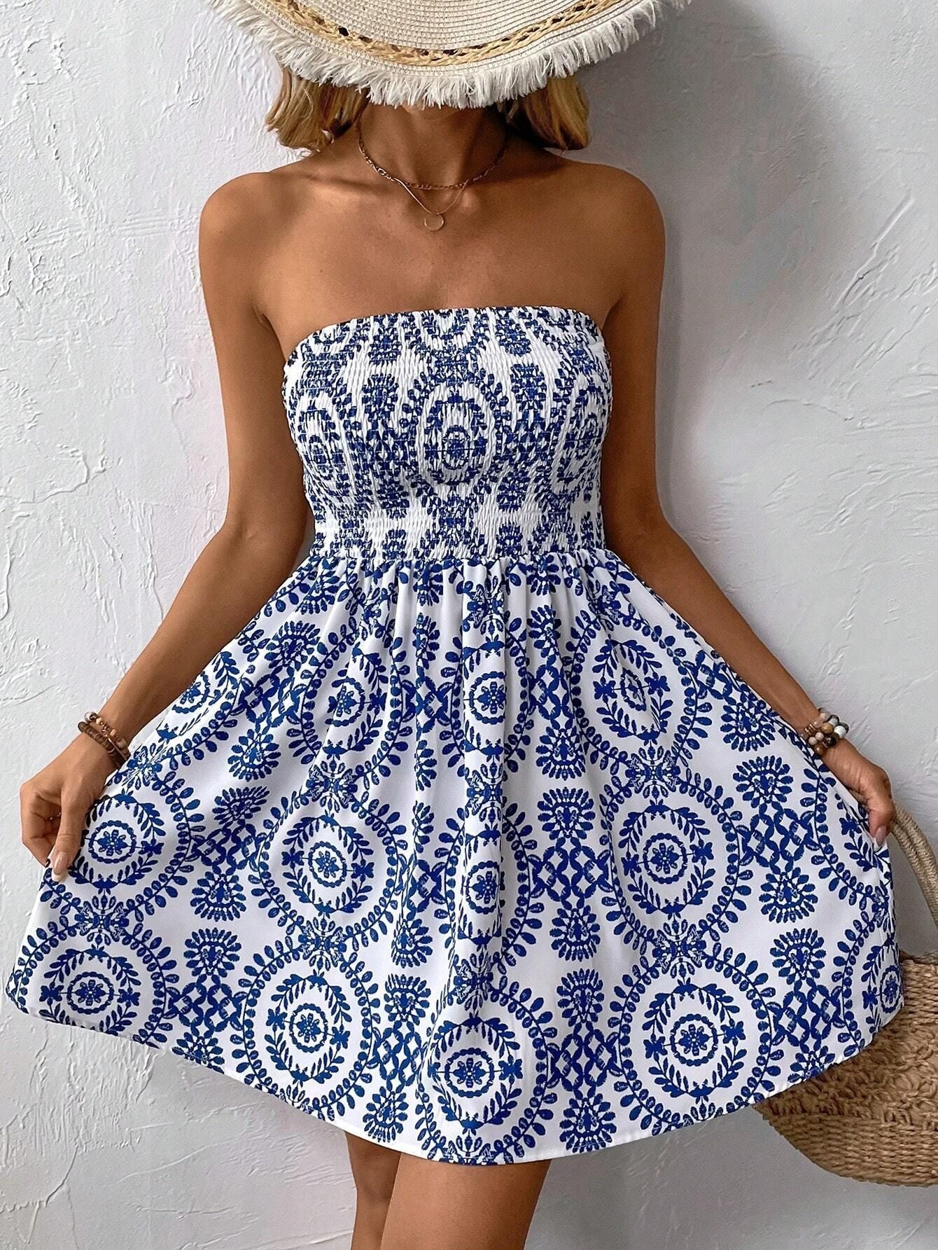 Damen nan schulterfreies Sommerkleid mit Smokoberteil und ausgestelltem Tellerrock R&B
