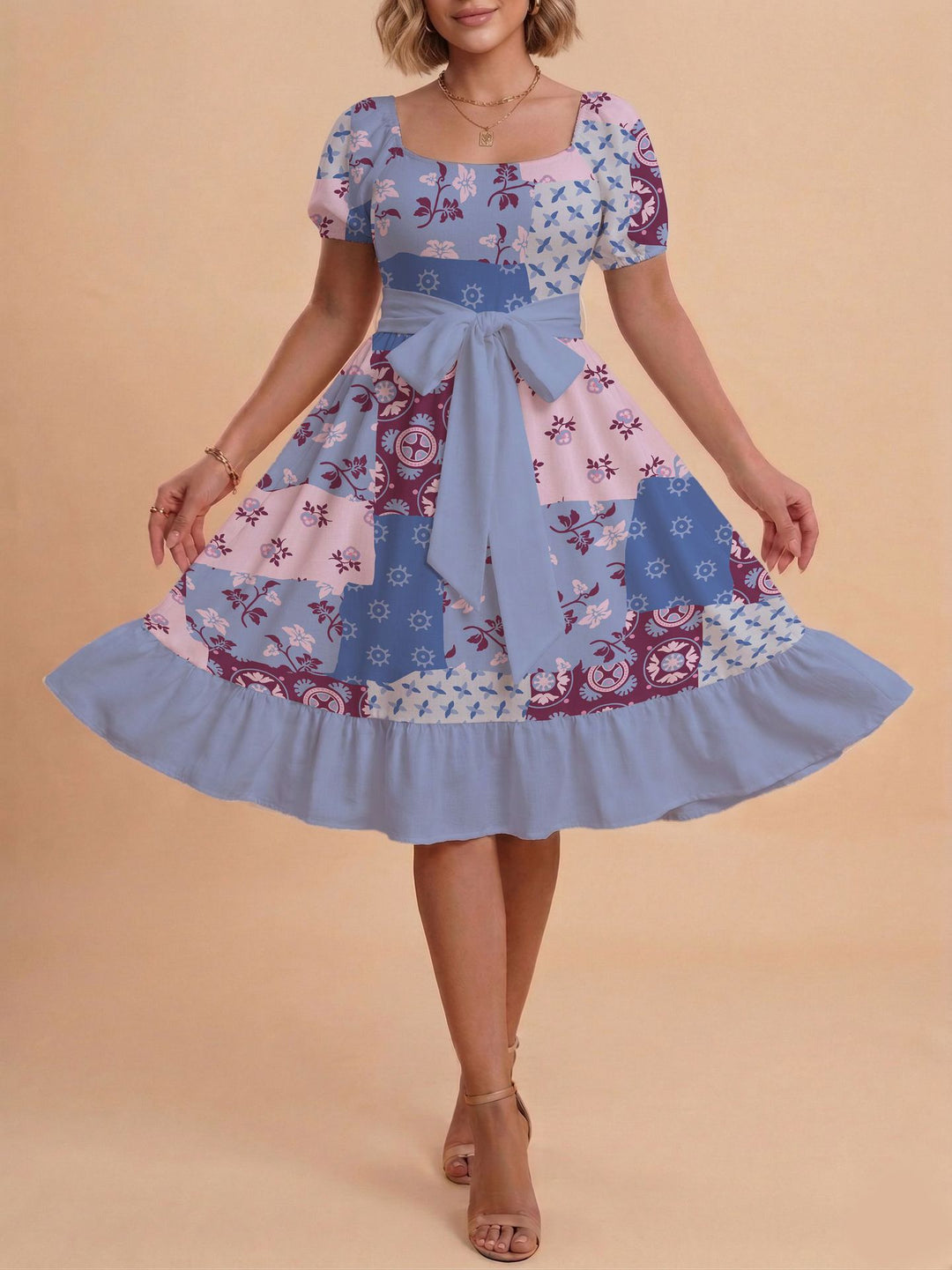 Damen Retro Maxikleid mit Puffärmeln und Taillengürtel R&B