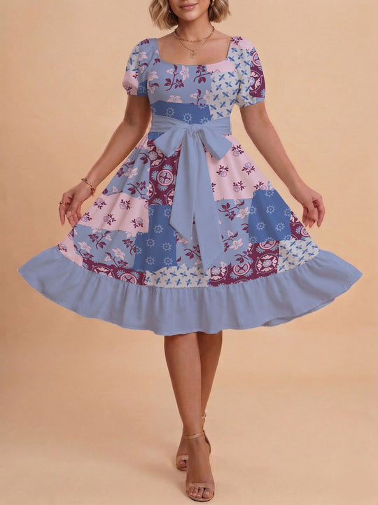 Damen Retro Maxikleid mit Puffärmeln und Taillengürtel R&B