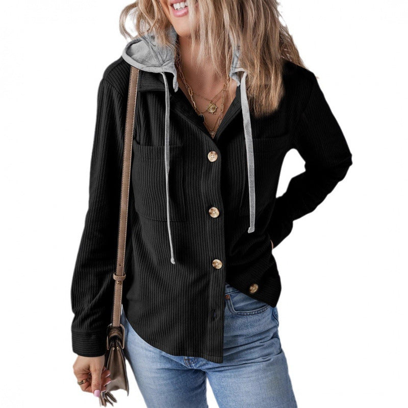 Damen lässige Hemdjacket mit Kapuze und seitlichen Taschen R&B