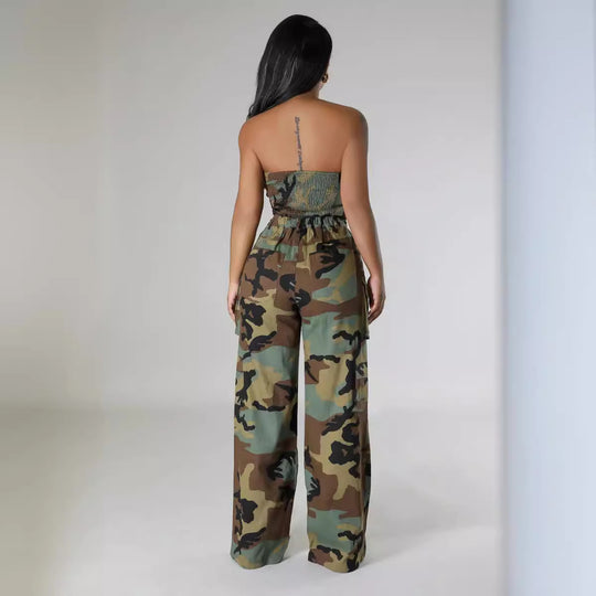 Damen Camouflage Jumpsuit mit weitem Bein und praktischem Gürtel Heidi-Mode