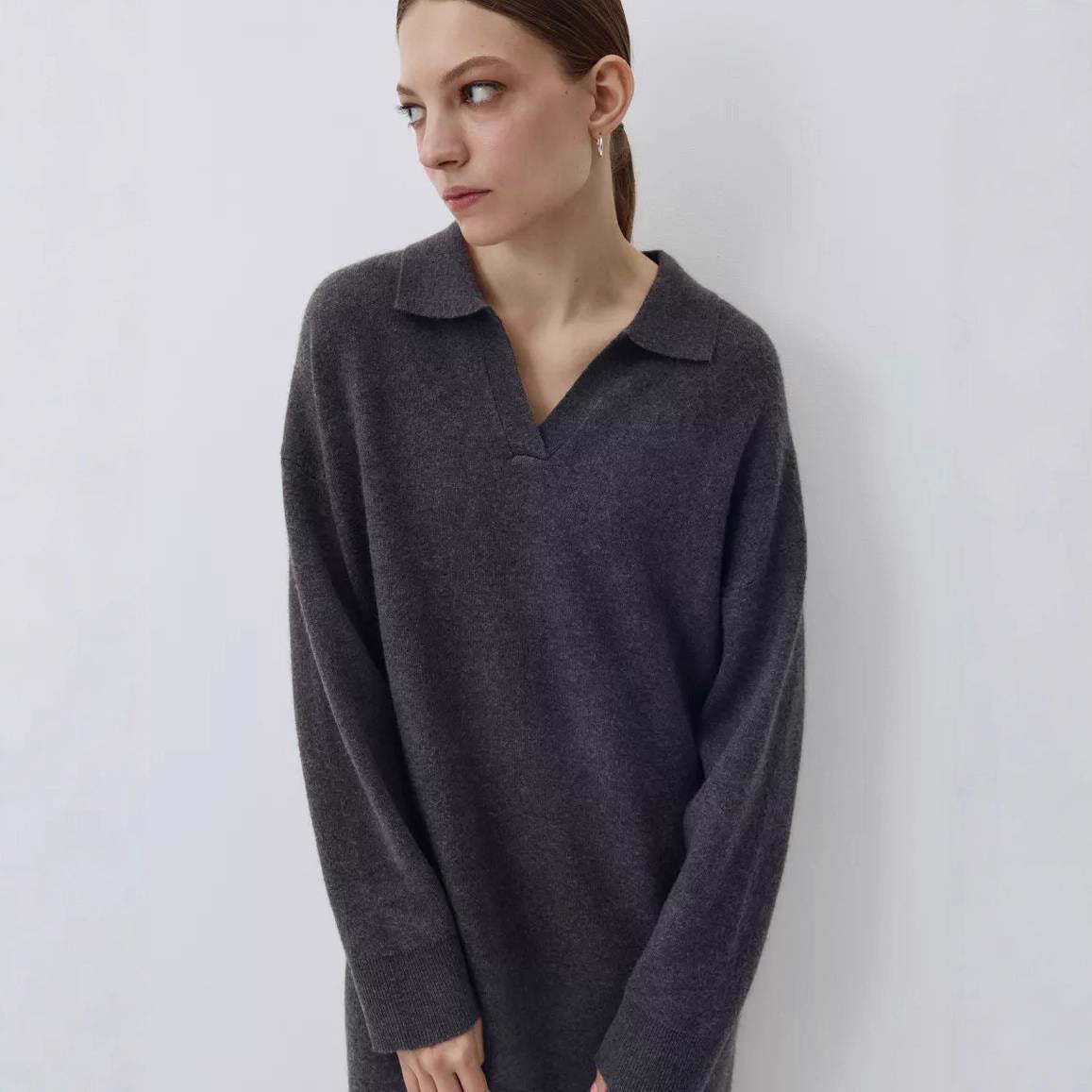 Damen Übergröße Strickkleid mit modernem Polokragen und langen Ärmeln R&B