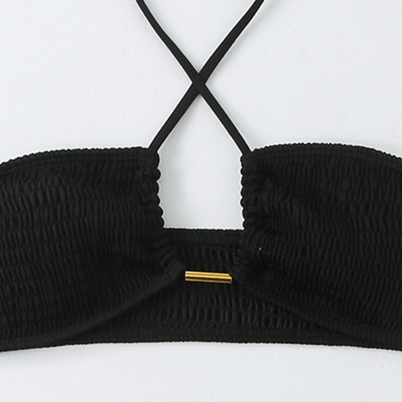Damen Bikini-Set mit gerafftem Bandeau-Oberteil und hoch geschnittenen Höschen R&B
