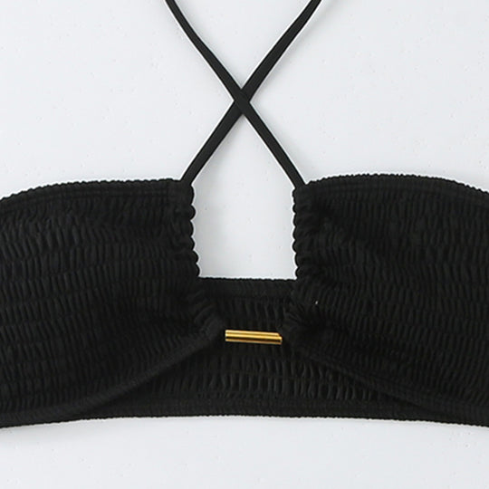 Damen Bikini-Set mit gerafftem Bandeau-Oberteil und hoch geschnittenen Höschen R&B