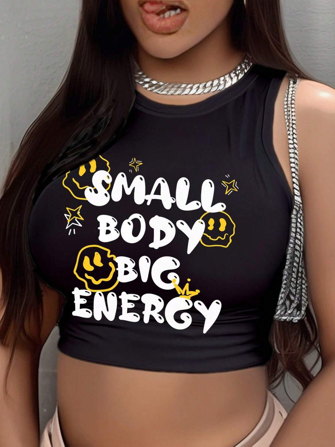Damen Crop-Top mit modernem Grafikdruck und trendiger Schnalle R&B