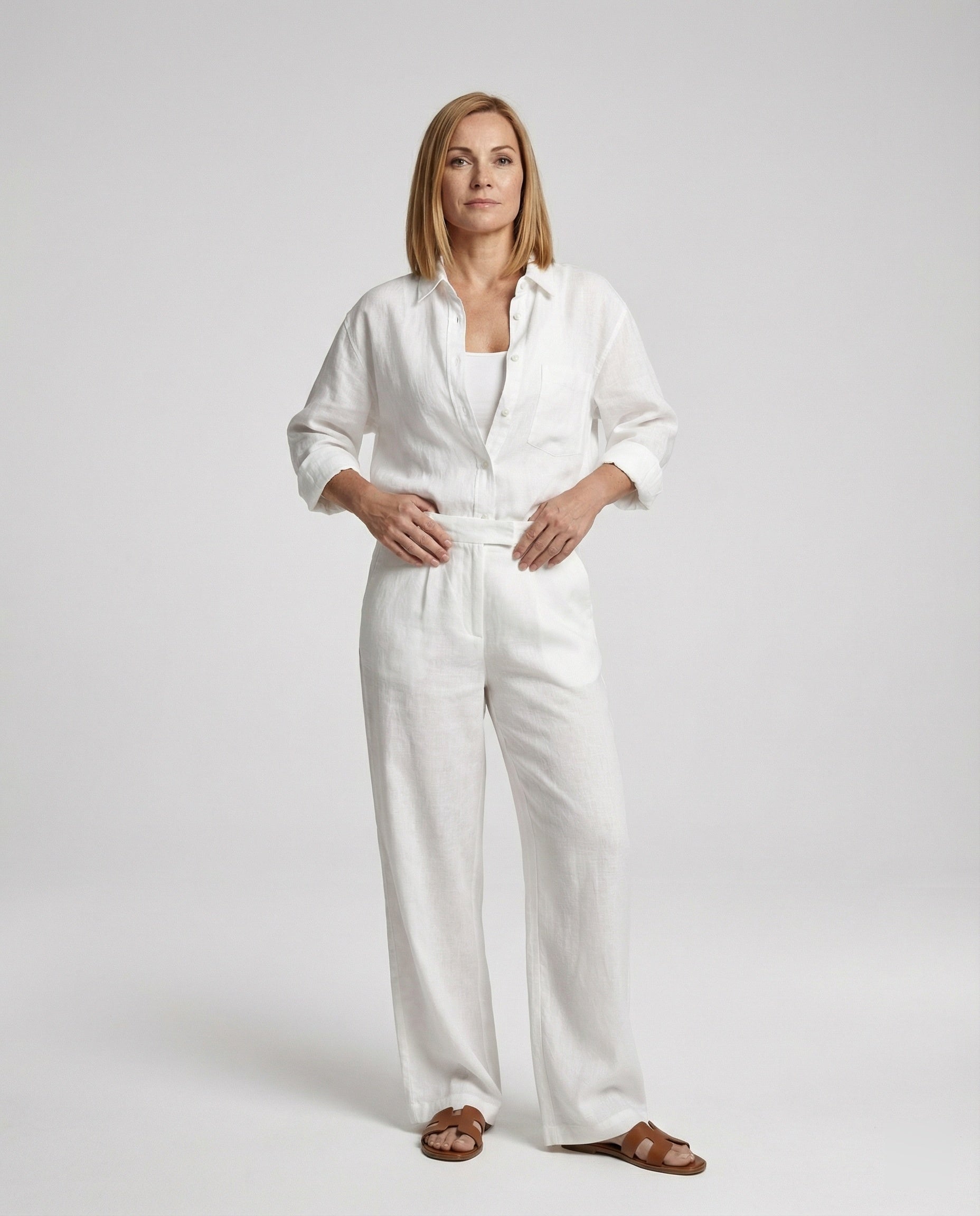 Damen luftiges Leinen-Freizeit-Set mit weit geschnittenem Hemd und weiter Marlenehose R&B