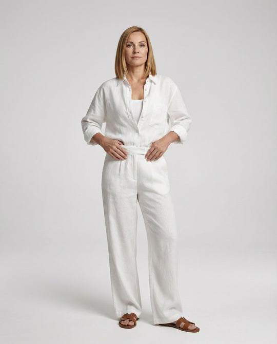 Damen luftiges Leinen-Freizeit-Set mit weit geschnittenem Hemd und weiter Marlenehose R&B