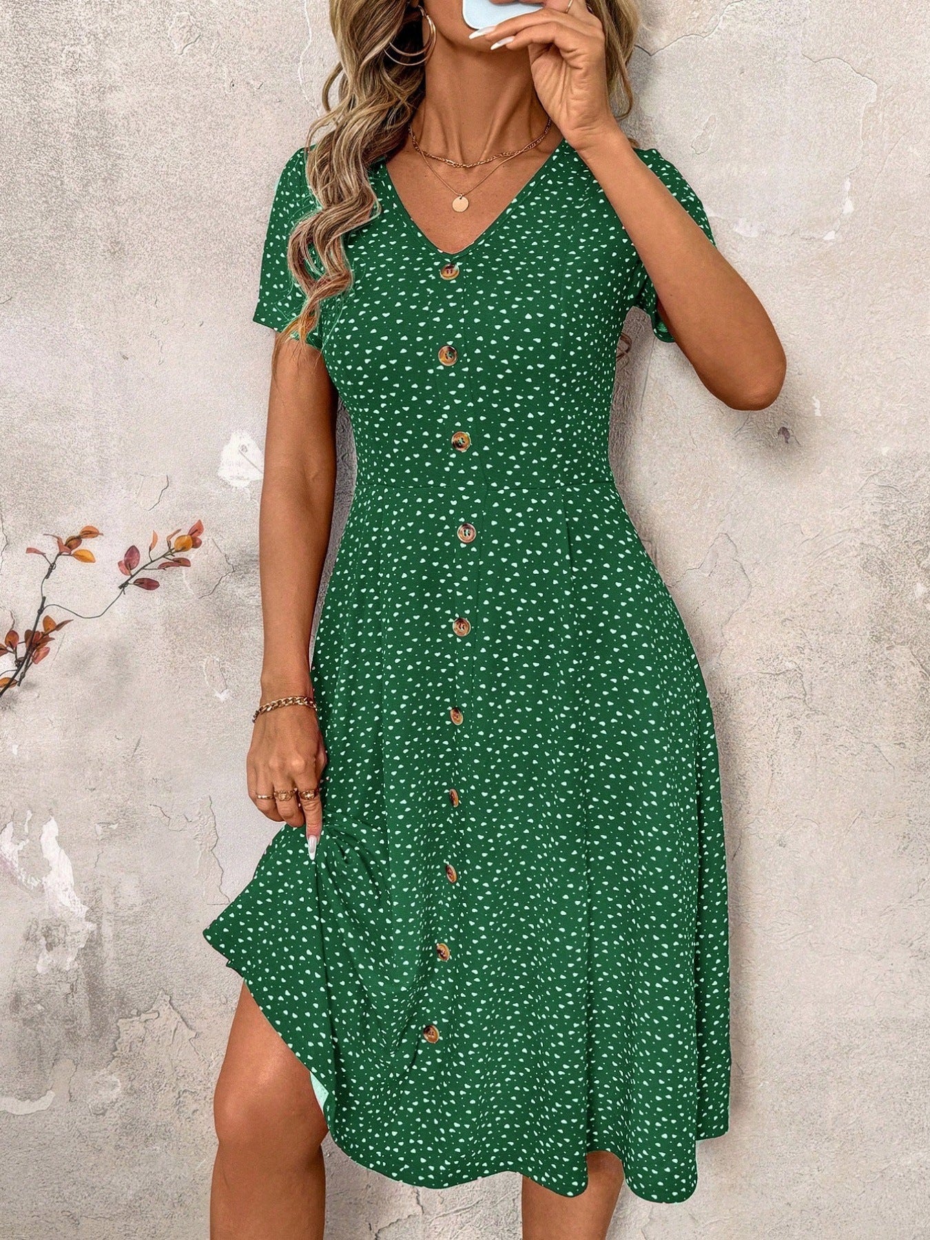 Damen Knielanges Kleid mit dekorativen Knöpfen und V-Ausschnitt R&B