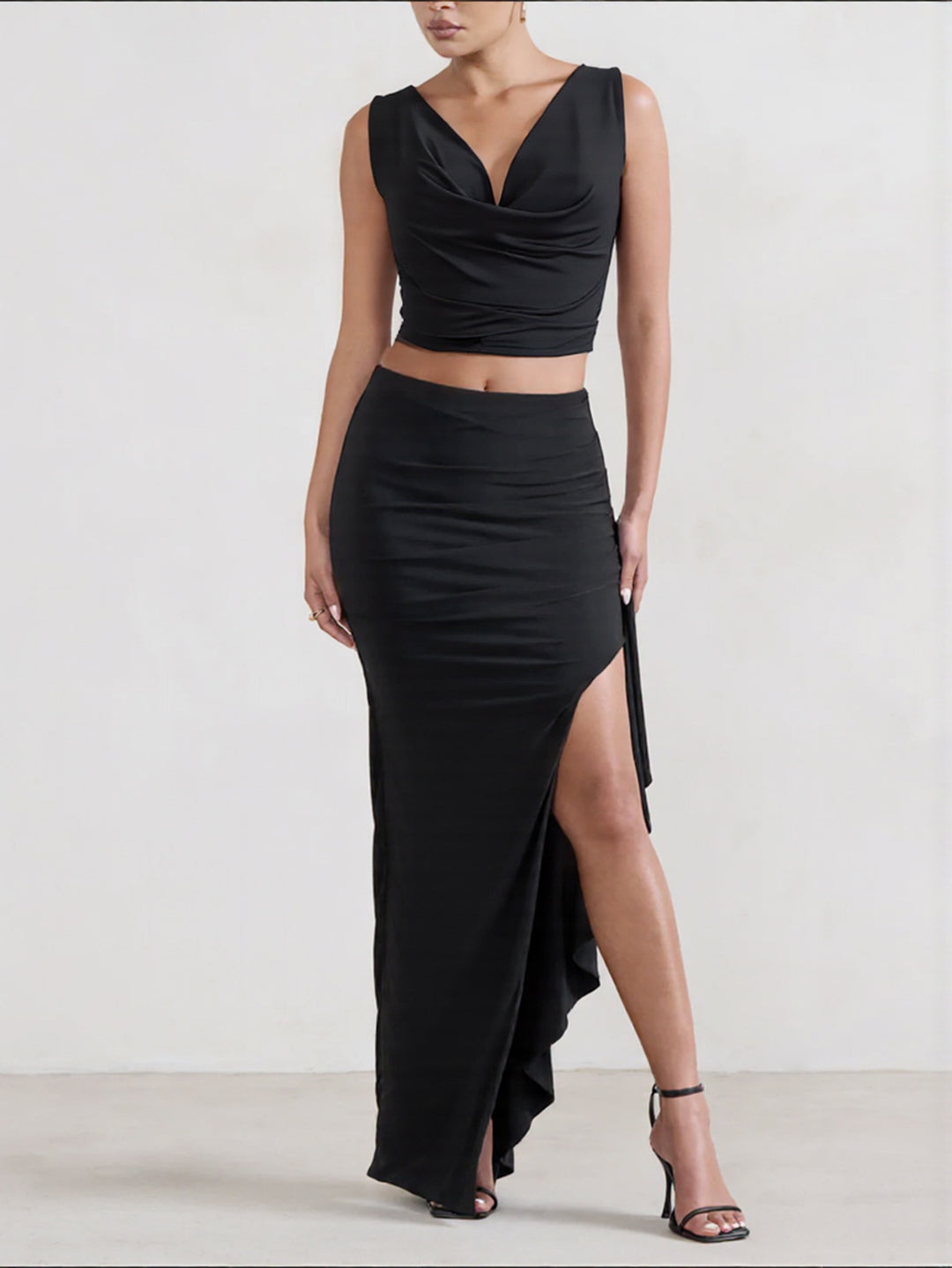 Damen Elegantes Crop-Top und Maxi-Rock Set mit hohem Schlitz R&B