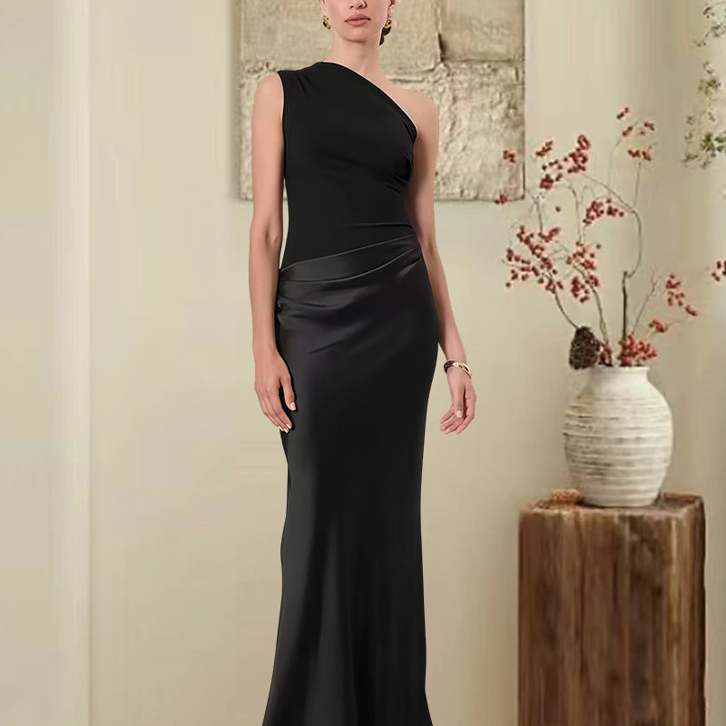 Damen Elegantes Asymmetrisches Abendkleid mit schimmerndem Satin R&B