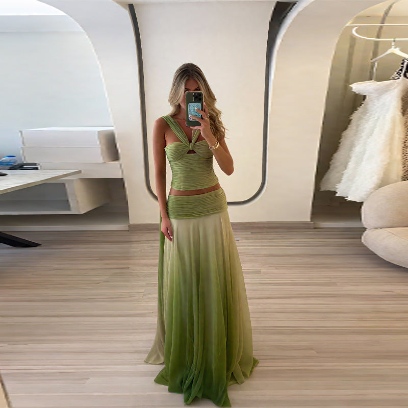 Damen schickes Maxikleid mit geflochtenem Oberteil und fließendem Rock R&B