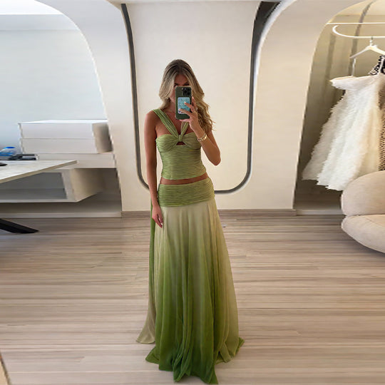 Damen schickes Maxikleid mit geflochtenem Oberteil und fließendem Rock R&B