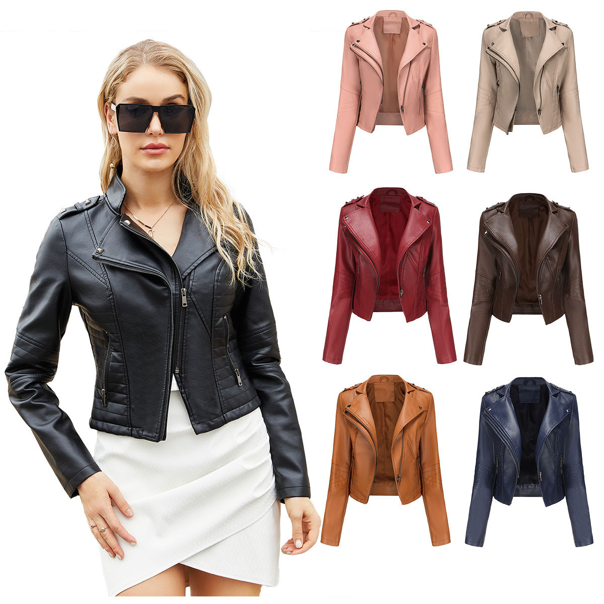 Damen stylische Bikerjacke mit asymmetrischem Reißverschluss und Detailnähten