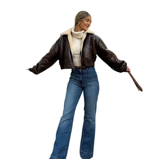 Damen cropped Kunstlederjacke mit Innenfutter aus Plüsch R&B