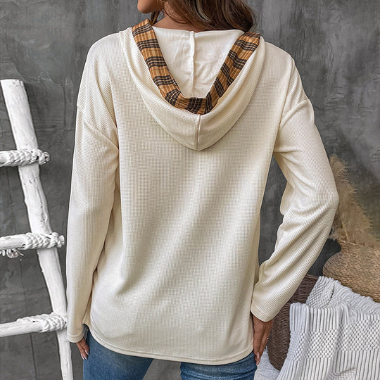 Damen Langarm Kapuzenpullover mit dekorativem Knopf- und Karodetail R&B