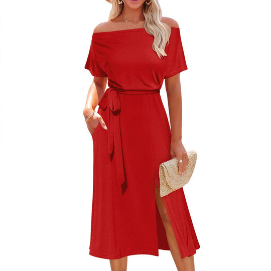 Damen Off-Shoulder Maxikleid mit Taillengürtel und seitlichem Schlitz R&B