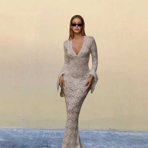 Damen Elegantes Spitzenkleid mit tiefem V-Ausschnitt und extravaganten Ärmeln R&B