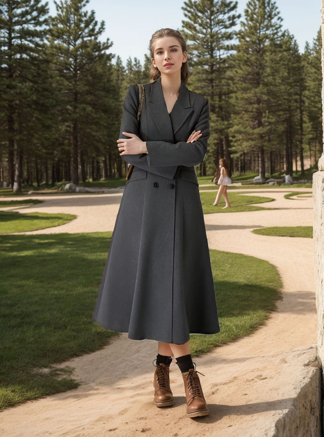 Damen eleganter Maximantel mit doppelter Knopfreihe und weit schwingendem Rock R&B