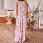 Damen Maxikleid mit buntem Patchwork-Muster und tiefem Ausschnitt R&B