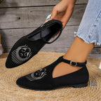 Damen Flache Slingback-Pantoletten mit eleganter Schnallen-Applikation und kunstvollen Stickereien