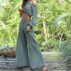 Damen Luftige Leinenhose mit breitem Beinausschnitt und elastischem Bund R&B
