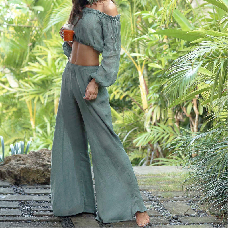 Damen Luftige Leinenhose mit breitem Beinausschnitt und elastischem Bund R&B