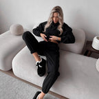 Damen gemütlicher Fleece-Jogginganzug mit hohem Kragen und Kängurutaschen