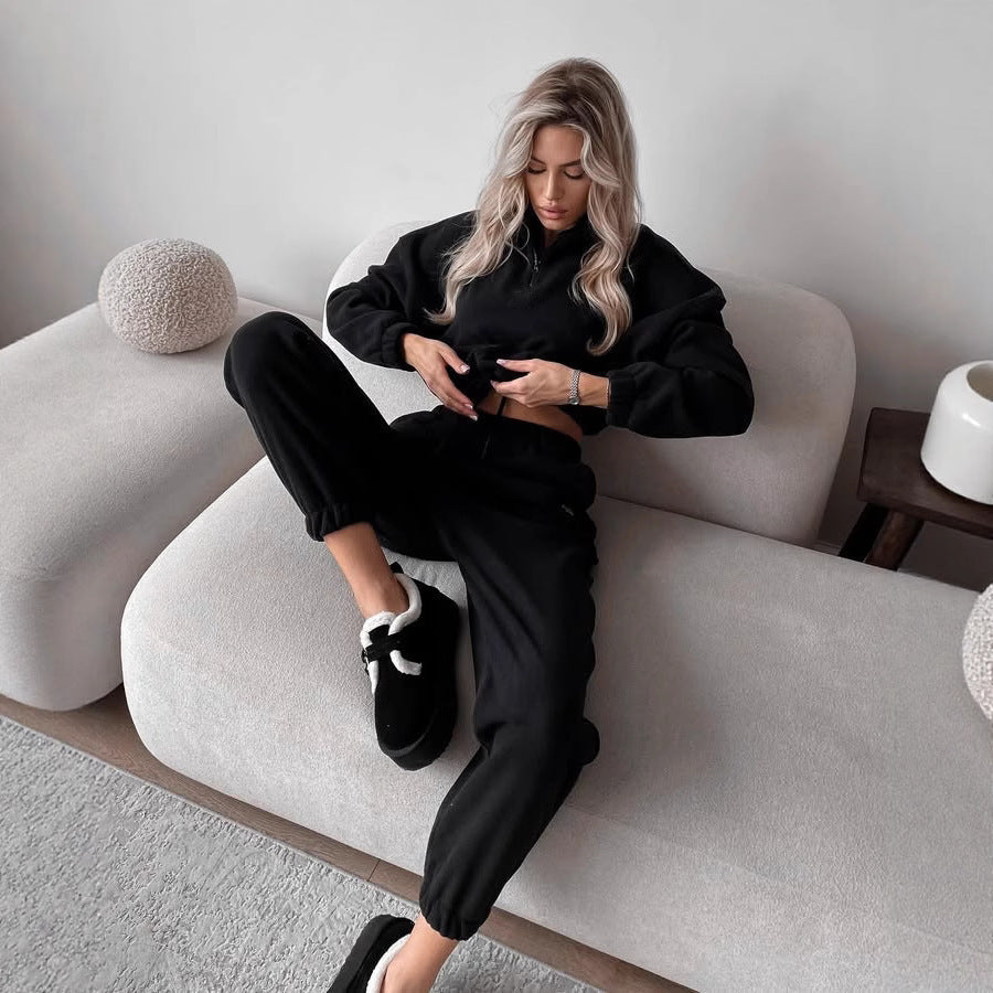 Damen gemütlicher Fleece-Jogginganzug mit hohem Kragen und Kängurutaschen