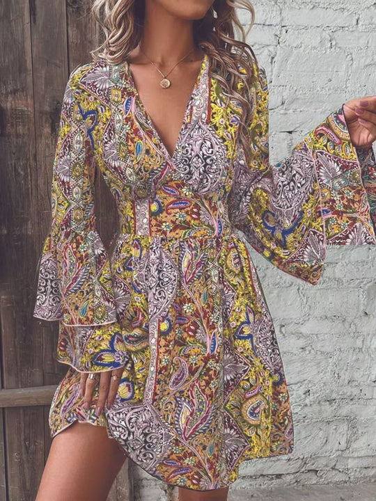 Damen V-Ausschnitt Kleid mit weiten Ärmeln und Paisleymuster R&B
