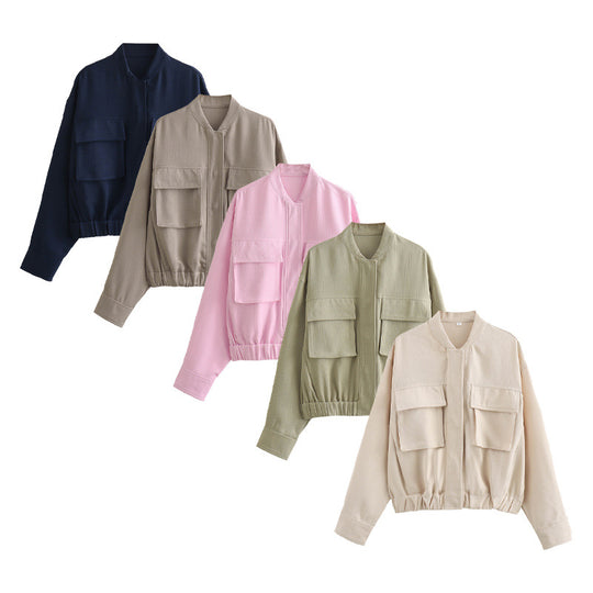 Damen elegante Utility-Jacke mit großen Taschen und elastischem Saum R&B