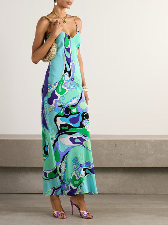 Damen nan elegantes Slip-Maxikleid mit V-Ausschnitt, filigranen Spaghettiträgern und retro-grafischem Allover-Print R&B