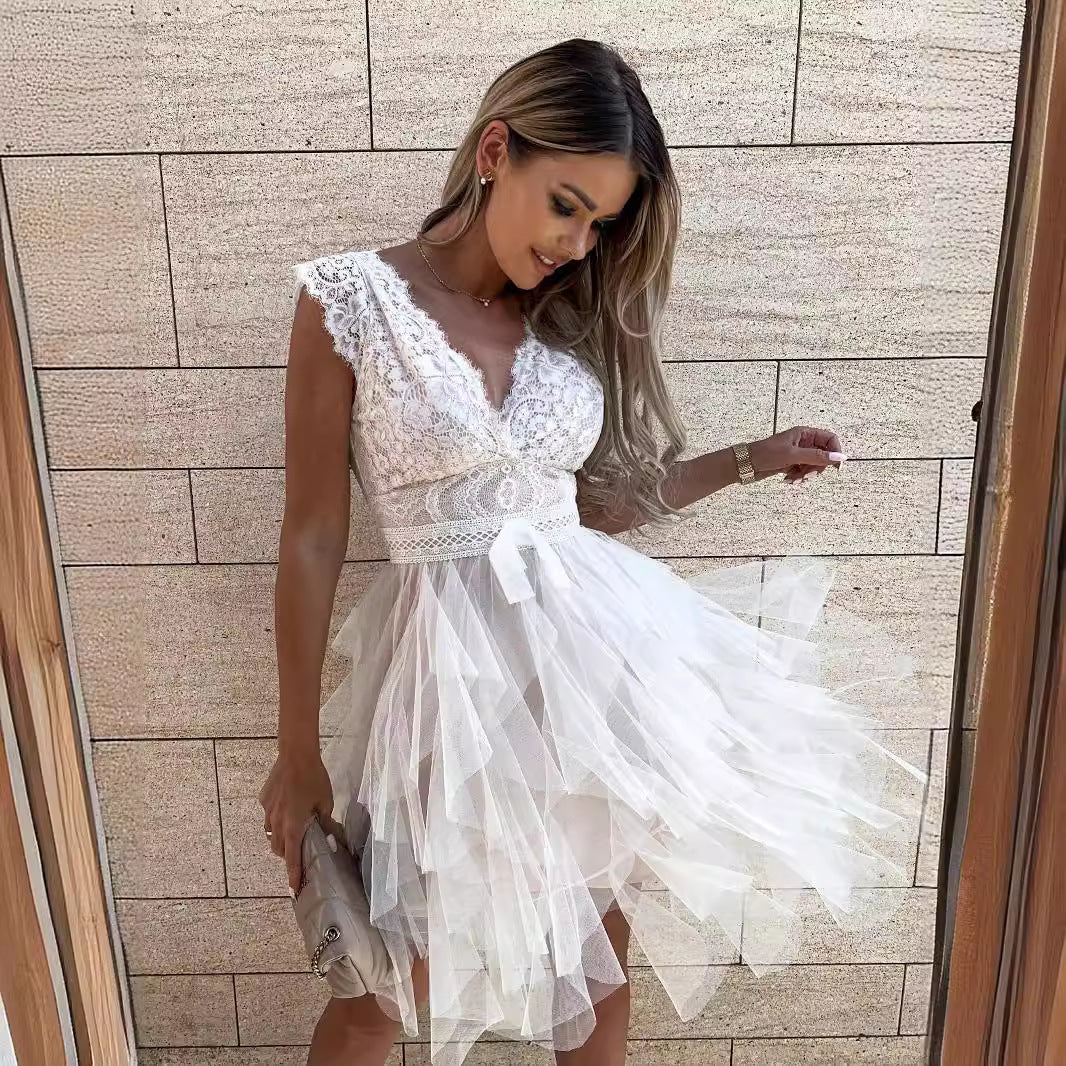 R&B | Süß Elegante Einfarbige Mesh V-Ausschnitt Ungleichmäßiges Kleid Kleider- 3 Farben