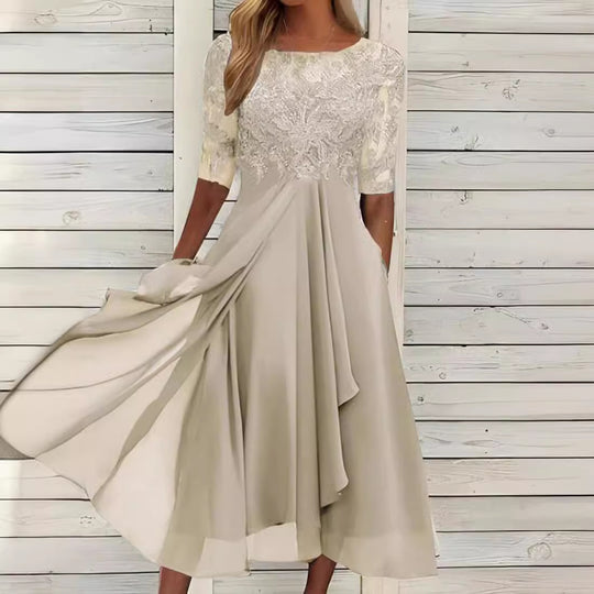 Damen elegantes Cocktailkleid mit floralem Spitzenoberteil und fließendem Rock Heidi-Mode
