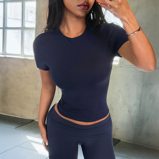 Damen Figurformendes Kurzarmshirt aus elastischem Baumwollmix R&B
