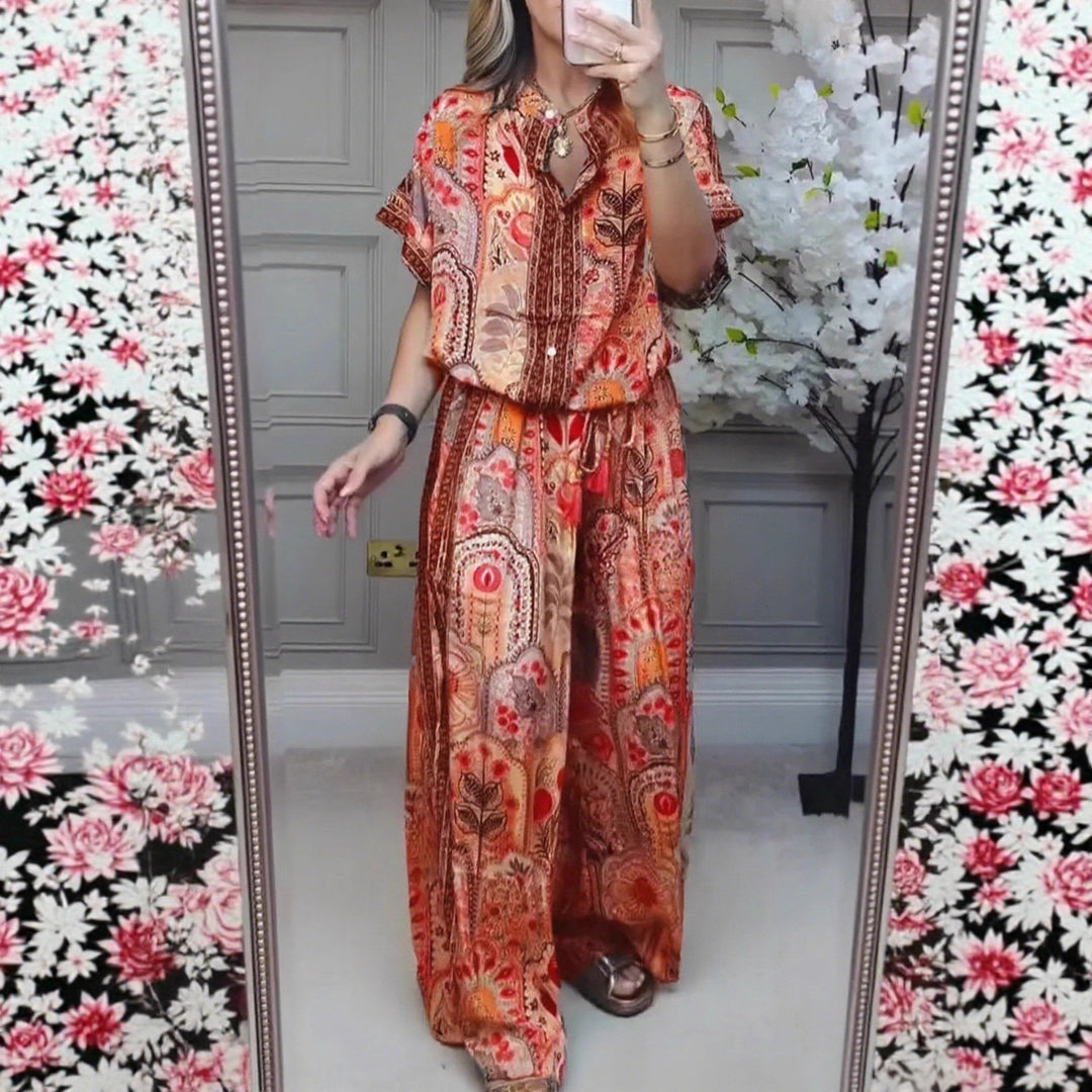 Damen nan Boho-Zweiteiler aus leichter Viskose mit Kurzarmbluse Knopfleiste Kordelbund und weitem Palazzohose R&B