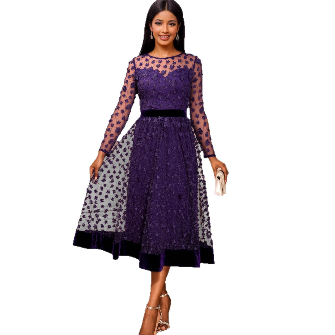 Damen elegantes A-Linien Abendkleid mit floralen Spitzenapplikationen R&B