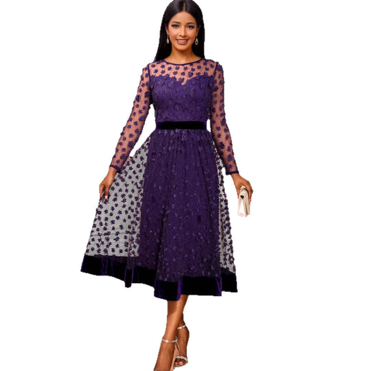Damen elegantes A-Linien Abendkleid mit floralen Spitzenapplikationen R&B