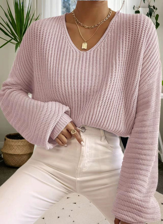 Damen lässiger Sweater mit weitem V-Ausschnitt und langen Ärmeln R&B