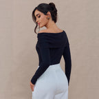Damen nan schulterfreies drapiertes Langarmoberteil mit breitem Schalkragen und abnehmbarer Schmuckbrosche R&B