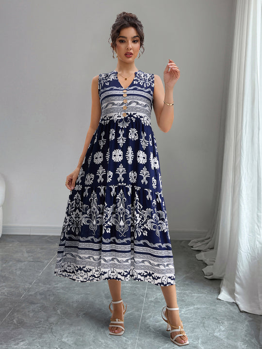 Damen Midi-Kleid mit Knopfleiste und traumhaftem Muster R&B